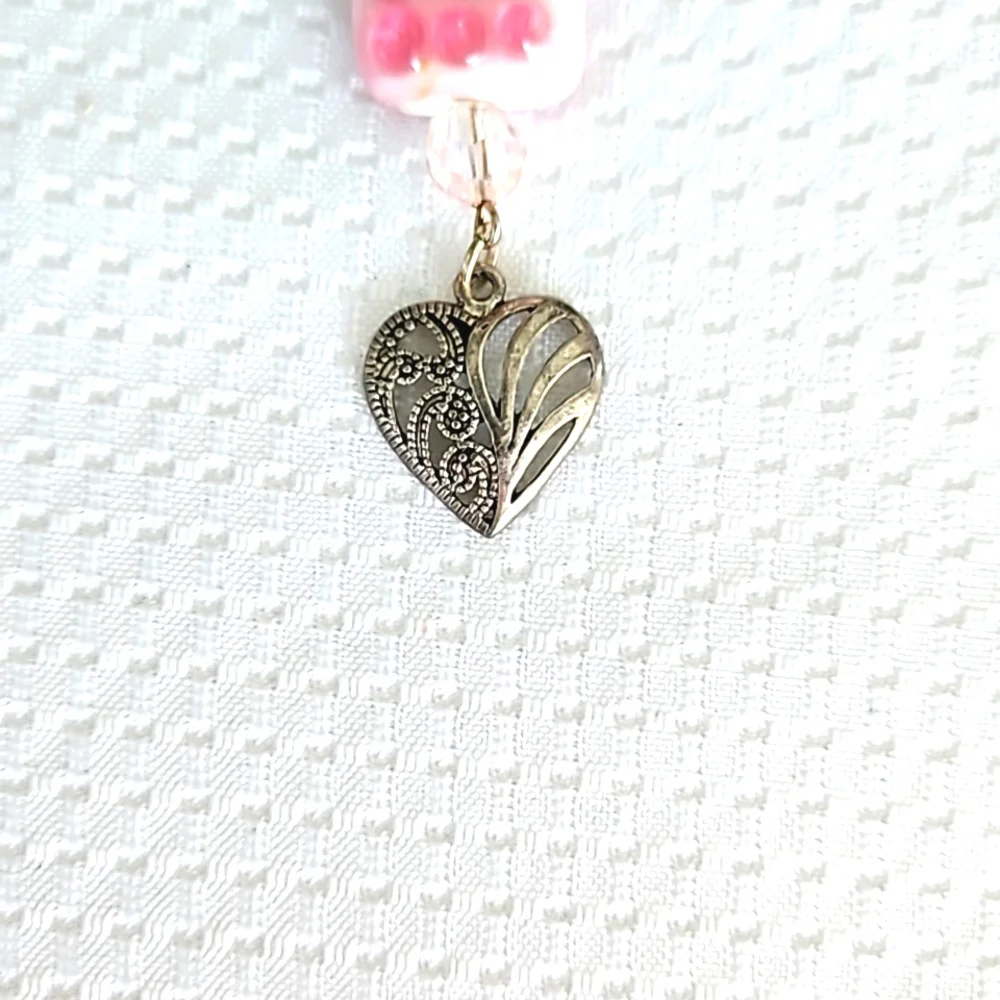 Elegant Pink Swirl Bead & Heart Charm Keychain Keyring Handmade